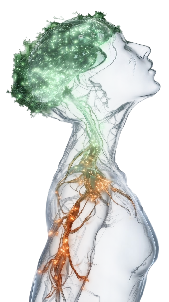 A translucent human profile with illuminated biological connections