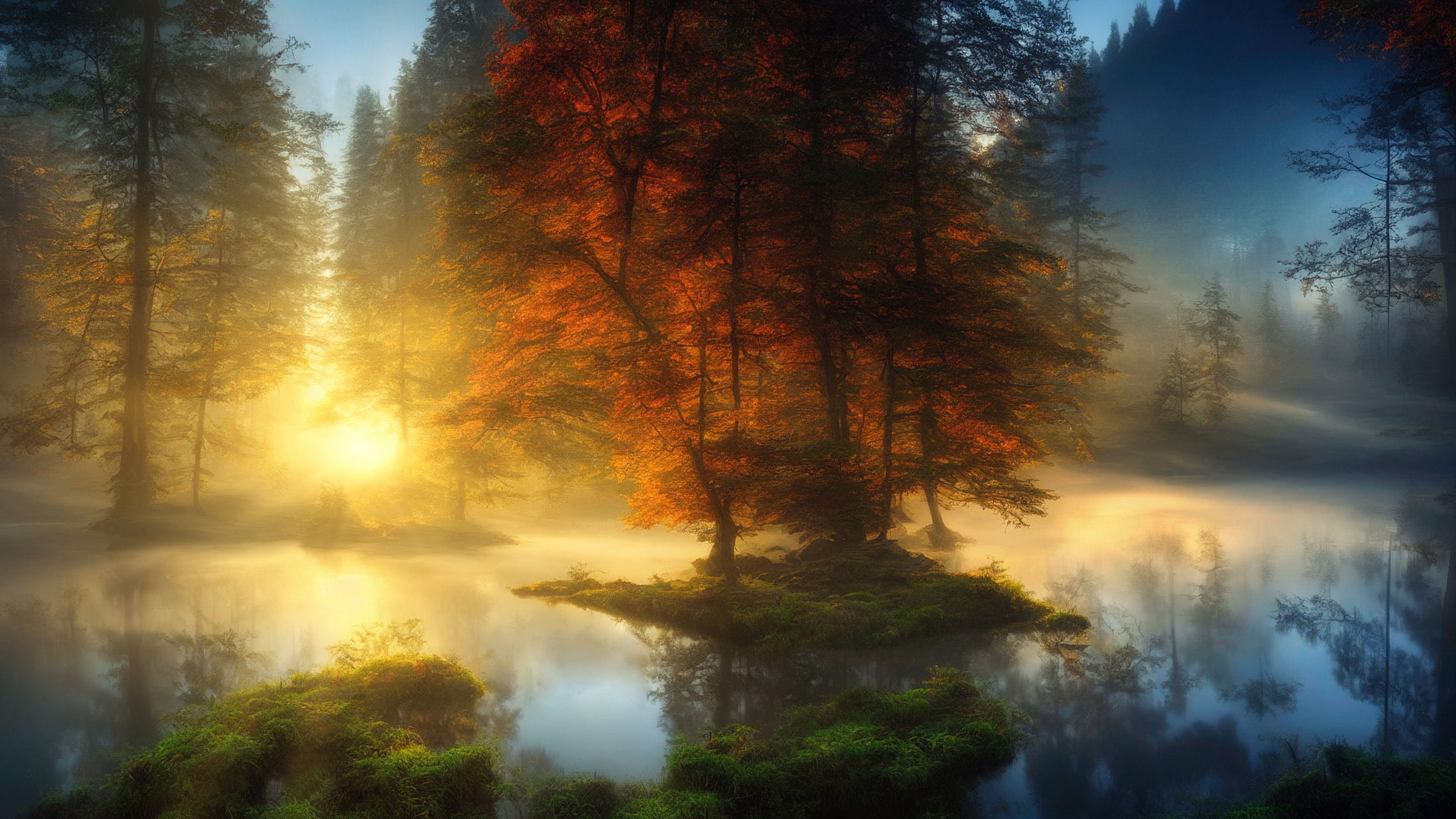 A quiet lake reflecting an autumn forest and distant mountains